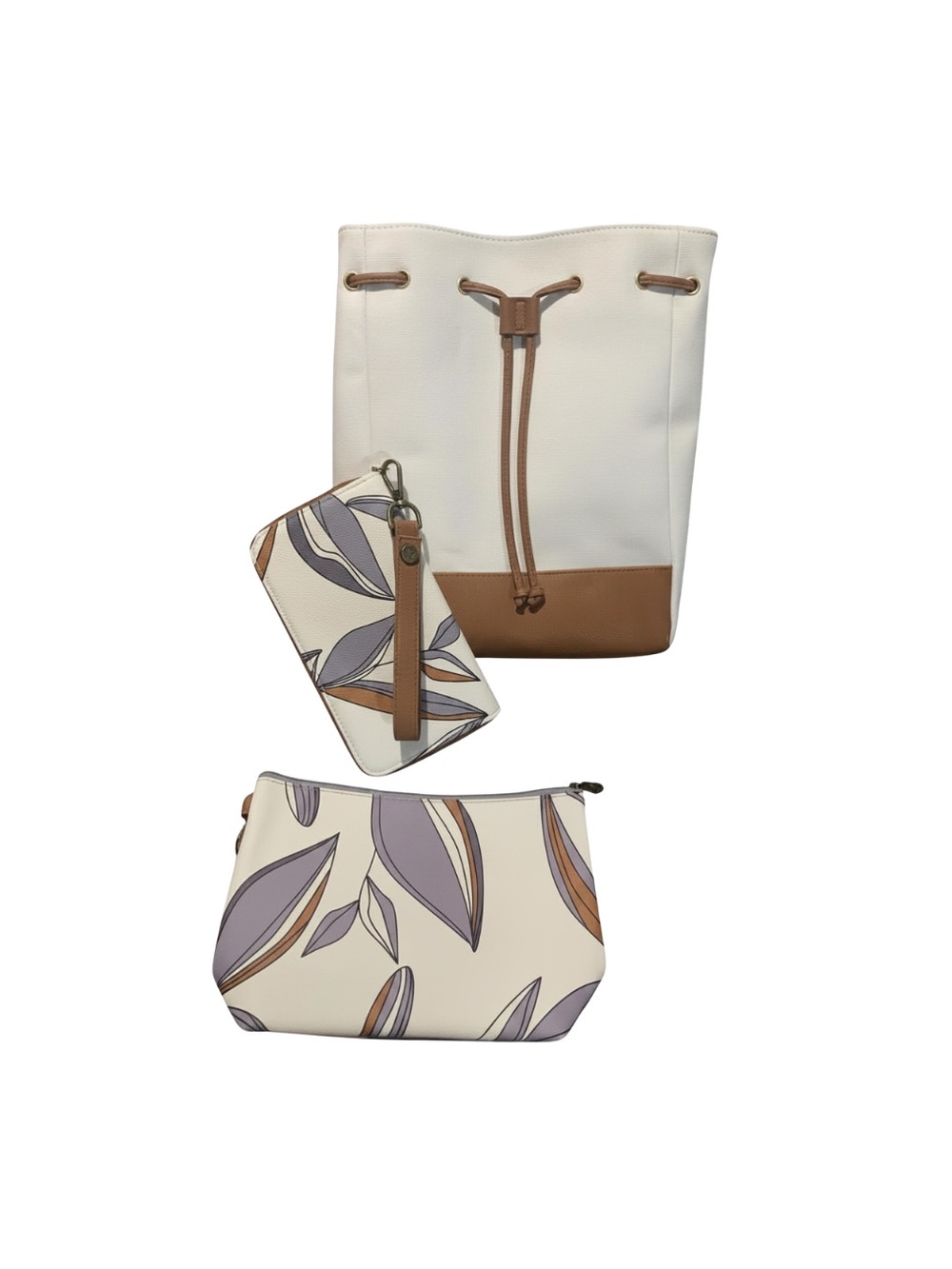 thirty-one Cream and Tan Drawstring Bucket Bag with Leaf-Print wallet & Pouch